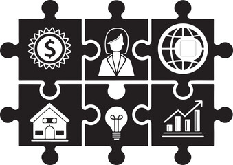 Economics and Puzzle pieces set. vector silhouette illustration