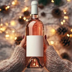 Christmas Rosé Wine Bottle Label Mockup with Warm Festive Bokeh