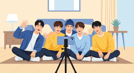 K-pop group engaging in an online livestream with fans for social media content and fan interaction