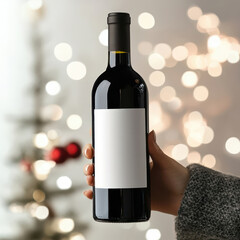 Festive Red Wine Label Mockup with Christmas Tree and Lights