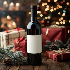 Christmas Red Wine Mockup with Blank Label