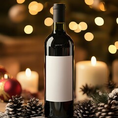 Red Wine Label Mockup with Cozy Christmas Background