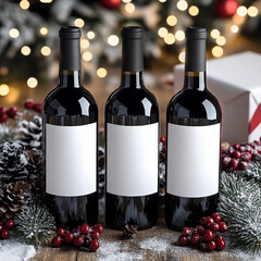 Elegant Red Wine Bottle Mockup Set with Christmas Tree Lights