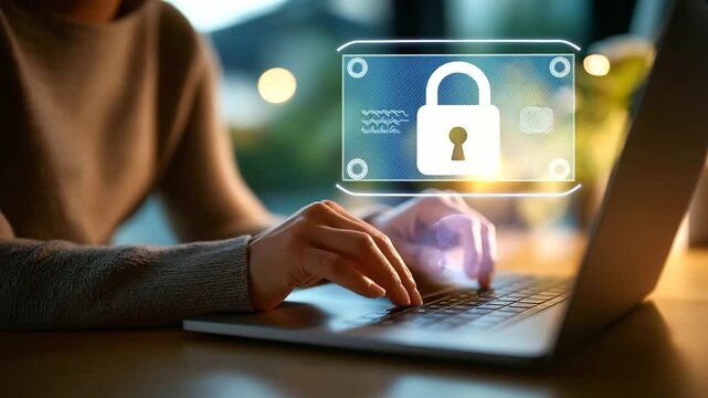 Copyright law concept faceless framing room gently defocused protecting intellectual property person using laptop with copyright tech on virtual screen IP protection