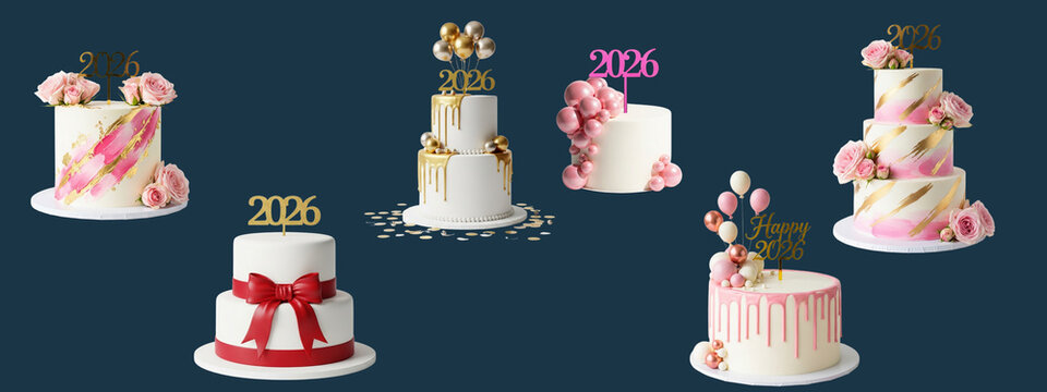 The image displays a collection of 6 celebratory cakes, perfect for milestone birthdays. Each cake is decorated with flowers and toppers, and the cakes all have the number 2026.

