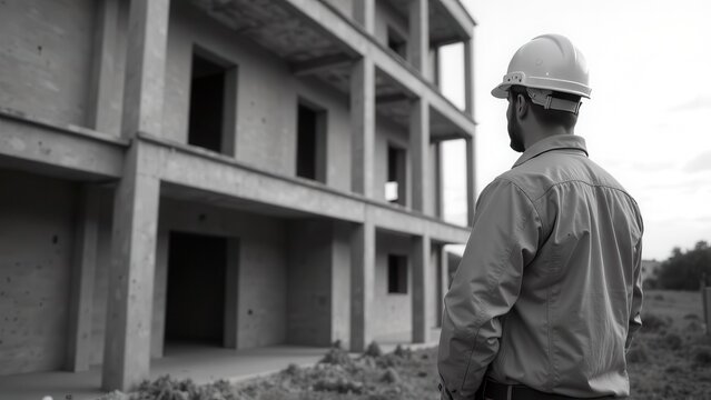 Male construction worker wearing a hard hat stands in front of an unfinished building, observing the structure. The scene captures the essence of construction and project management in progress