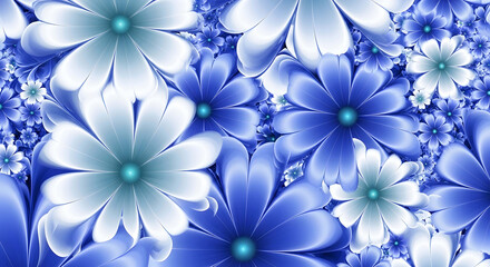 Abstract fractal floral pattern with vibrant blue and white glowing petals creating a mesmerizing and ethereal bloom