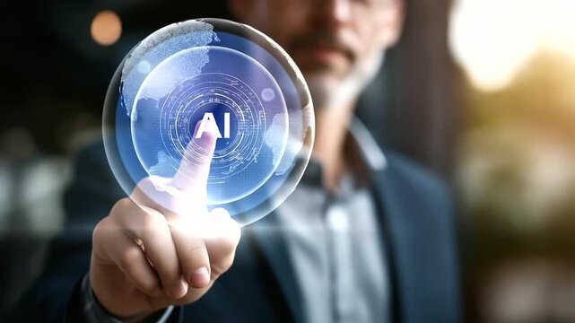 AI technology concept crop below eyes background softly defocused artificial intelligence for business data analysis businessman with AI assistant icon on virtual screen intel