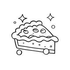 Crumble pie slice with berries in black line art style and festive sparkling accents