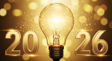 2026 new year with light bulb on gold background for innovation and creativity