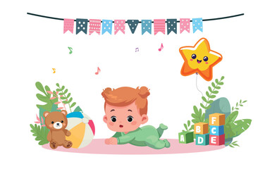 Fototapeta premium baby shower banner it’s a girl cartoon flat design vector illustration