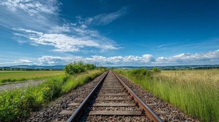 Fototapeta premium Serene Railroad Tracks Emerging Through Lush Green Fields Under a Vast Blue Sky with Fluffy Clouds in a Tranquil Landscape