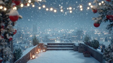 A snowy rooftop with a Christmas decoration,