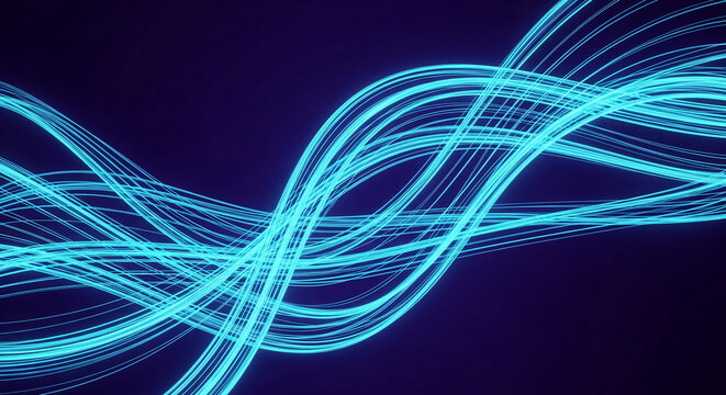 Abstract image of flowing cyan lines on a dark blue backdrop, resembling energy currents, representing connectivity, innovation, and modern technology - Powered by Adobe