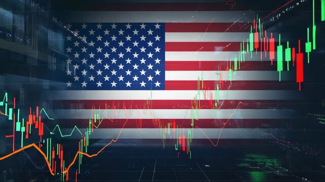 Stock market green red color economy. usa flag background. Trends economic Effect recession on US economy
