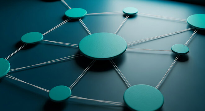 Image shows teal discs connected by white lines on a dark teal surface, representing a network, structure, or data connection and complex relationship