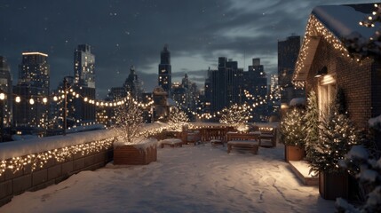 A snowy rooftop with a Christmas light display,