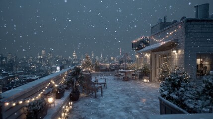 A snowy rooftop with a Christmas display,