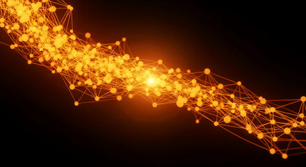 Orange network of connected dots and lines on black, suggesting connection, communication, science, technology, and digital abstract representation