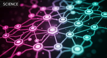 Abstract network with connected nodes in purple and teal hues, symbolizing connection, data, or technology, suitable for scientific or business concepts
