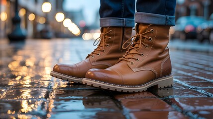 Brown Leather Boots on a Wet City Street