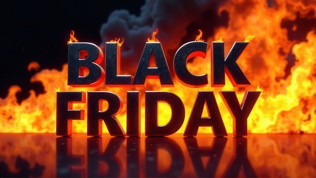 Bold text reading Black Friday is surrounded by flames and dramatic lighting, creating an intense atmosphere perfect for holiday promotions and marketing campaigns showcasing sales