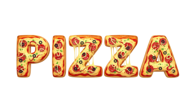 Pizza word made of pizza isolated on transparent background for pizzeria concept
