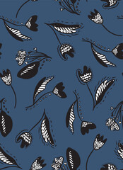Abstract flowers with leaves, cartoonish sketch style seamless repeat pattern. Random placed, vector botanical aop, all over surface print on dark blue background.