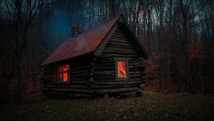 Cozy cabin in the woods with warm inviting light shining from the windows