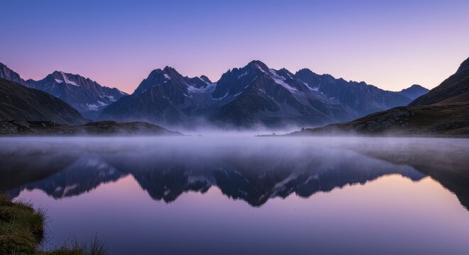 Majestic snow-capped peaks reflect perfectly in the still water of a misty alpine lake at twilight