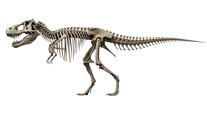Tyrannosaurus rex skeleton isolated on transparent background, side view illustration