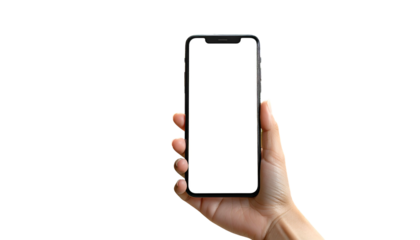 A hand holds up a smartphone with a blank white screen against a black backdrop