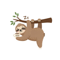Naklejka premium Cute sleepy sloth hanging from a tree branch holding a coffee cup isolated on transparent background