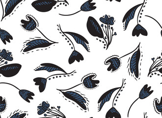 Abstract flowers with leaves, cartoonish sketch style seamless repeat pattern. Random placed, vector botanical aop, all over surface print on white background.