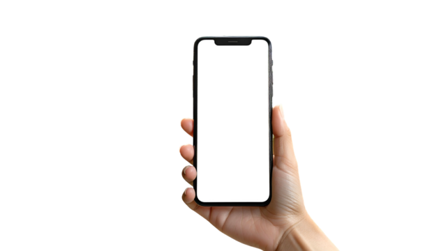 A hand holds up a smartphone with a blank white screen against a black backdrop