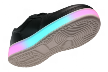 Fashionable black sneaker featuring glowing neon led lights on sole showcasing modern footwear style trend