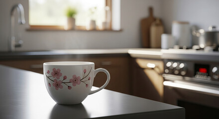 Obraz premium White ceramic mug with pink floral design on gray countertop, representing refreshment, tranquility, and domestic comfort in modern kitchen scene