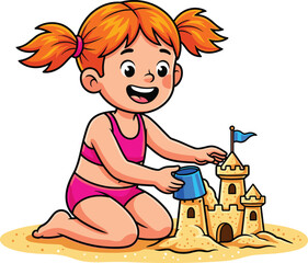 Cartoon child building sandcastle, beach activity, pink swimsuit, orange pigtails, blue bucket, creative play, summer fun, seaside scene, vector illustration, white background