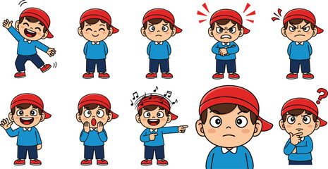 Cartoon boy emotion set, red cap, blue shirt, facial expressions, body language, joyful, angry, confused, surprised, educational character pack, vector illustration, white background