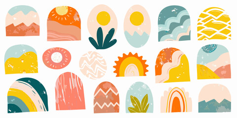Bohemian abstract shapes and elements with sun mountains rainbows and plants in earthy tones