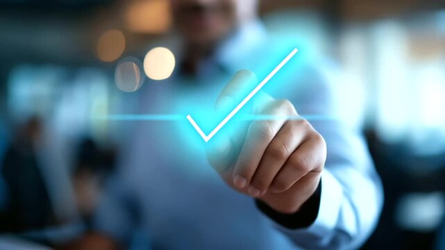 Approve or reject option on virtual screen faceless framing room gently defocused businessman selecting approve for document project evaluation and QA approval decision with