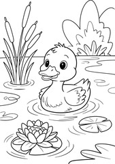 Cute Duckling Swimming Pond Coloring Page