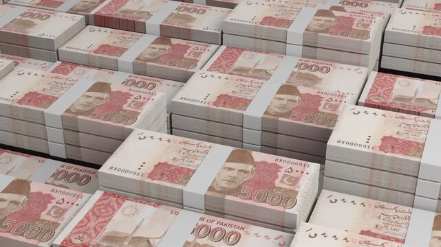 Pakistan 5000 Rupee Banknote Horizontal 3D Animation ? Realistic Currency Flow, Finance, Business, Investment, Banking, and Economy Concept Visualization in Motion