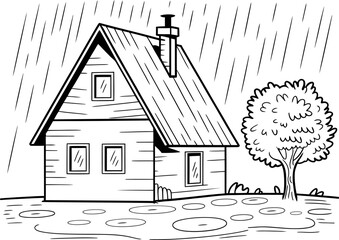 Cozy House in Heavy Rain Coloring Page