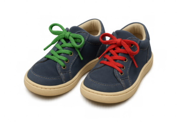 Children's blue sneakers with mismatched green and red shoelaces, celebrating individuality and colorful expression