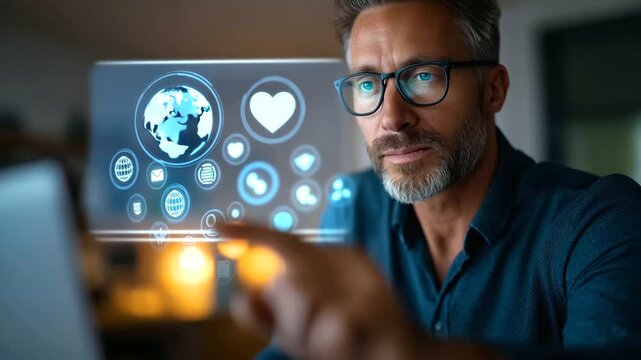 AI in e learning platform (variant) crop below eyes background softly defocused online education webinars recorded classes businessman with virtual e learning icons with cop