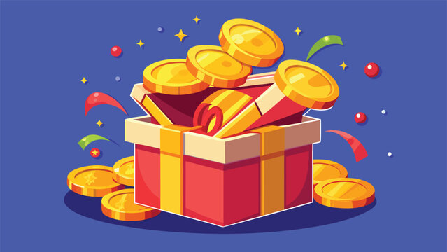 A gift box with a red ribbon, showcasing an abundance of gold coins inside..eps