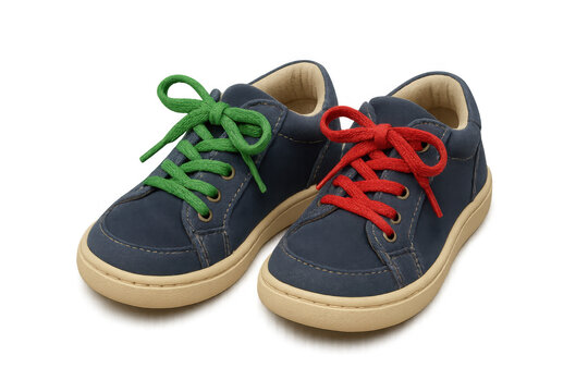 Children's blue sneakers with mismatched green and red shoelaces, celebrating individuality and colorful expression