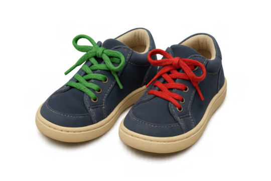 Children's blue sneakers with mismatched green and red shoelaces, celebrating individuality and colorful expression