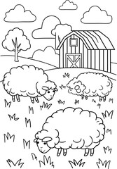 Cute Sheep Farm Scene Coloring Page